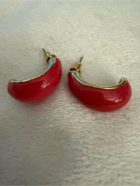 Red Crescent Hoop Earrings with Gold Trim